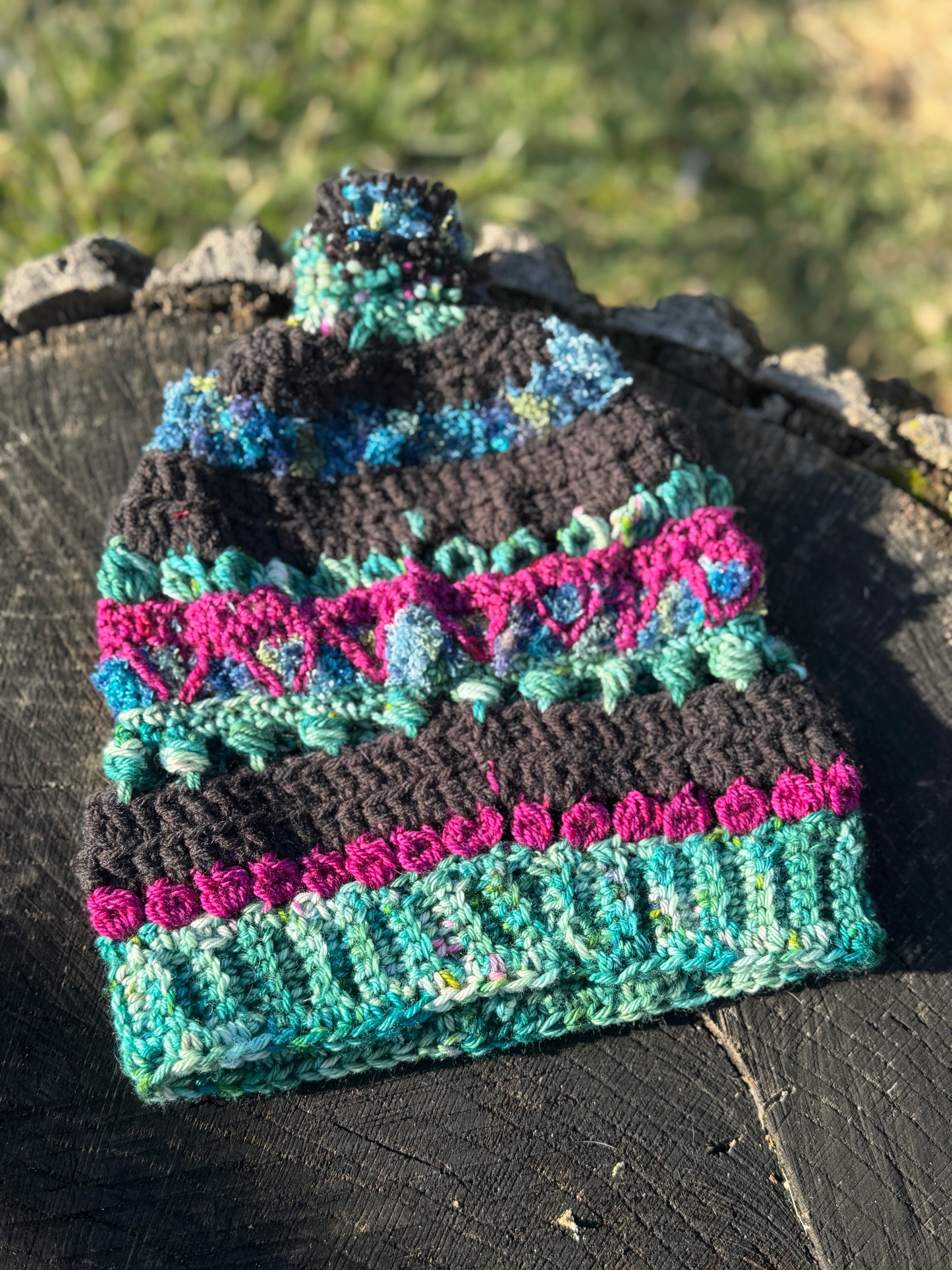 Black Bobble Beanie Pink and Blue