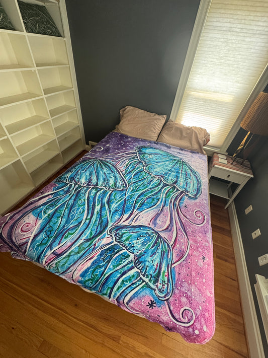 Jellyfish Sherpa Lined Art Print Blanket