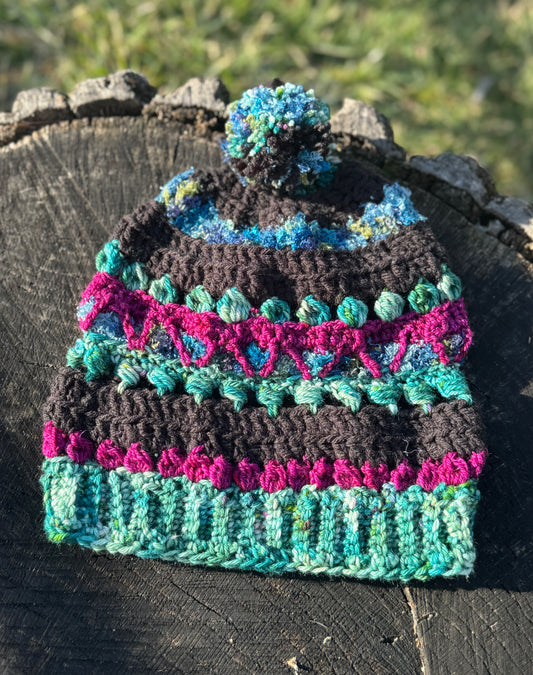 Black Bobble Beanie Pink and Blue