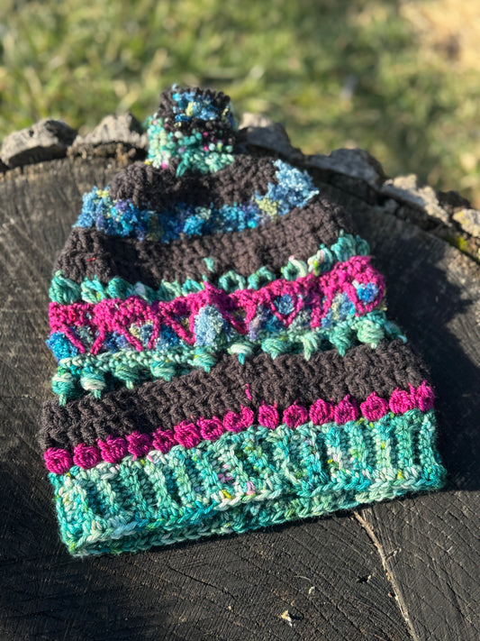 Black Bobble Beanie Pink and Blue