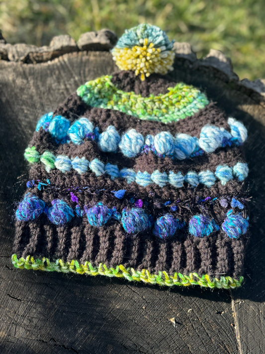 Bobble Beanie Blue/ Green Fuzzy